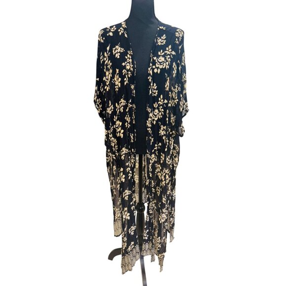 Natural Life Black Gold Boho Casual Floral Kimono Long Cardigan One Size Maxi - Picture 2 of 8